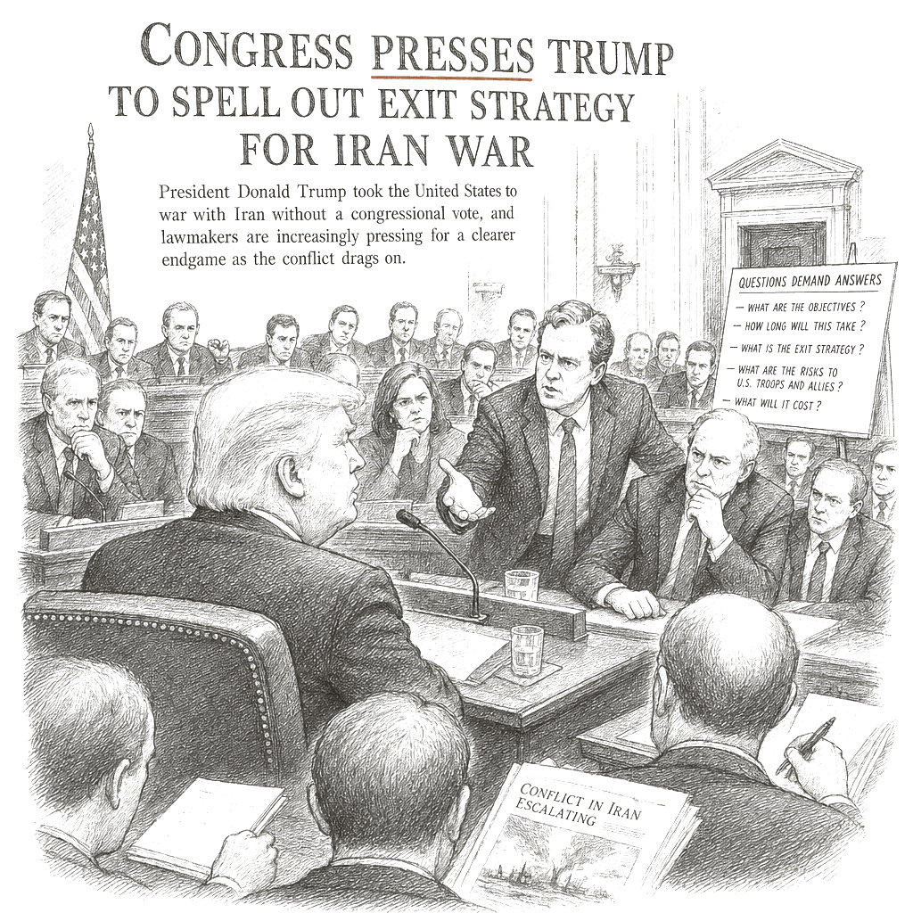 Illustration accompanying article: Congress presses Trump to spell out exit strategy for Iran war