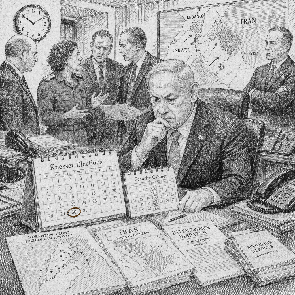 Illustration accompanying article: Netanyahu weighs election timing as Iran and Hezbollah wars intensify