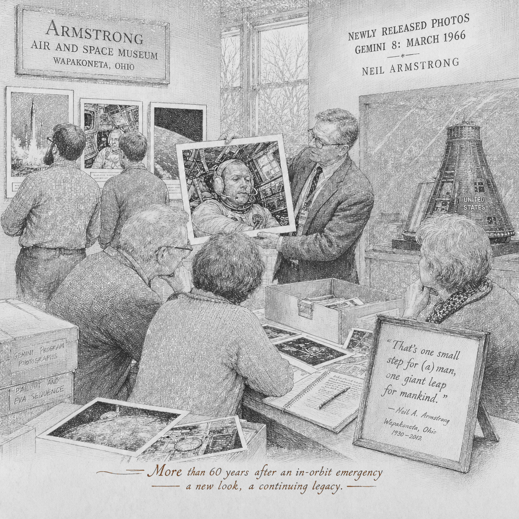 Illustration accompanying article: New photos released of Neil Armstrong after Gemini 8 emergency