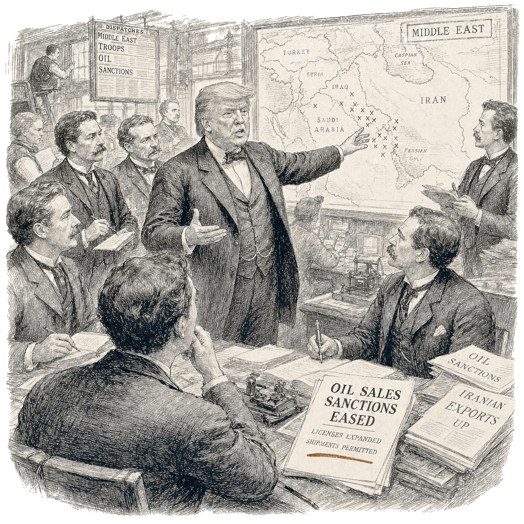 Illustration accompanying article: Trump issues mixed messages on Iran war and oil sanctions