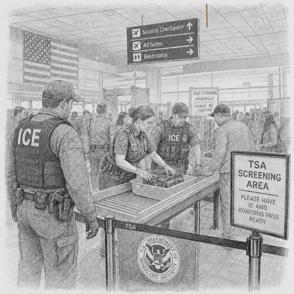 Illustration accompanying article: ICE officers to help TSA at airports during DHS funding impasse