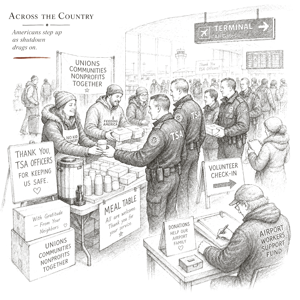 Illustration accompanying article: Nonprofits, unions and airports feed TSA officers as shutdown drags