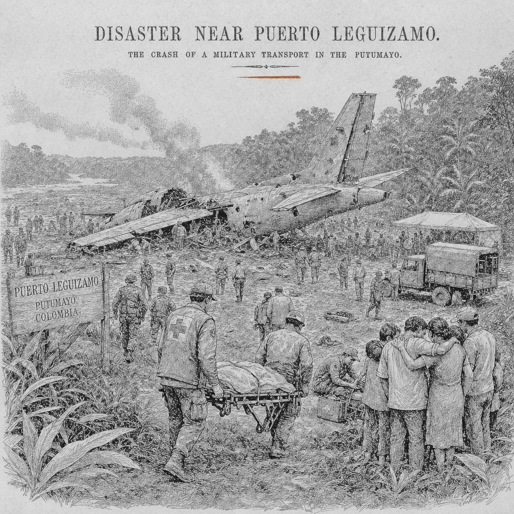 Illustration accompanying article: At least 66 killed in Colombia military plane crash near Putumayo