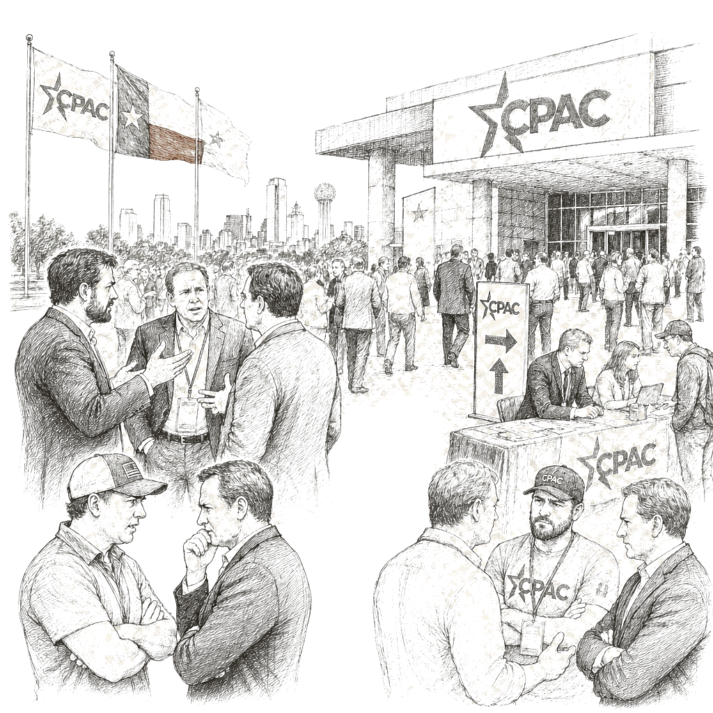 Illustration accompanying article: Conservatives gather for CPAC with right divided over Iran war