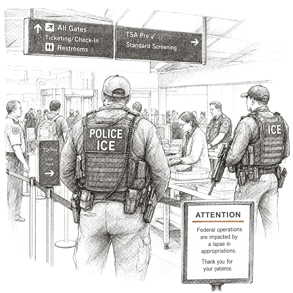 Illustration accompanying article: ICE officers appear at TSA checkpoints during partial DHS shutdown
