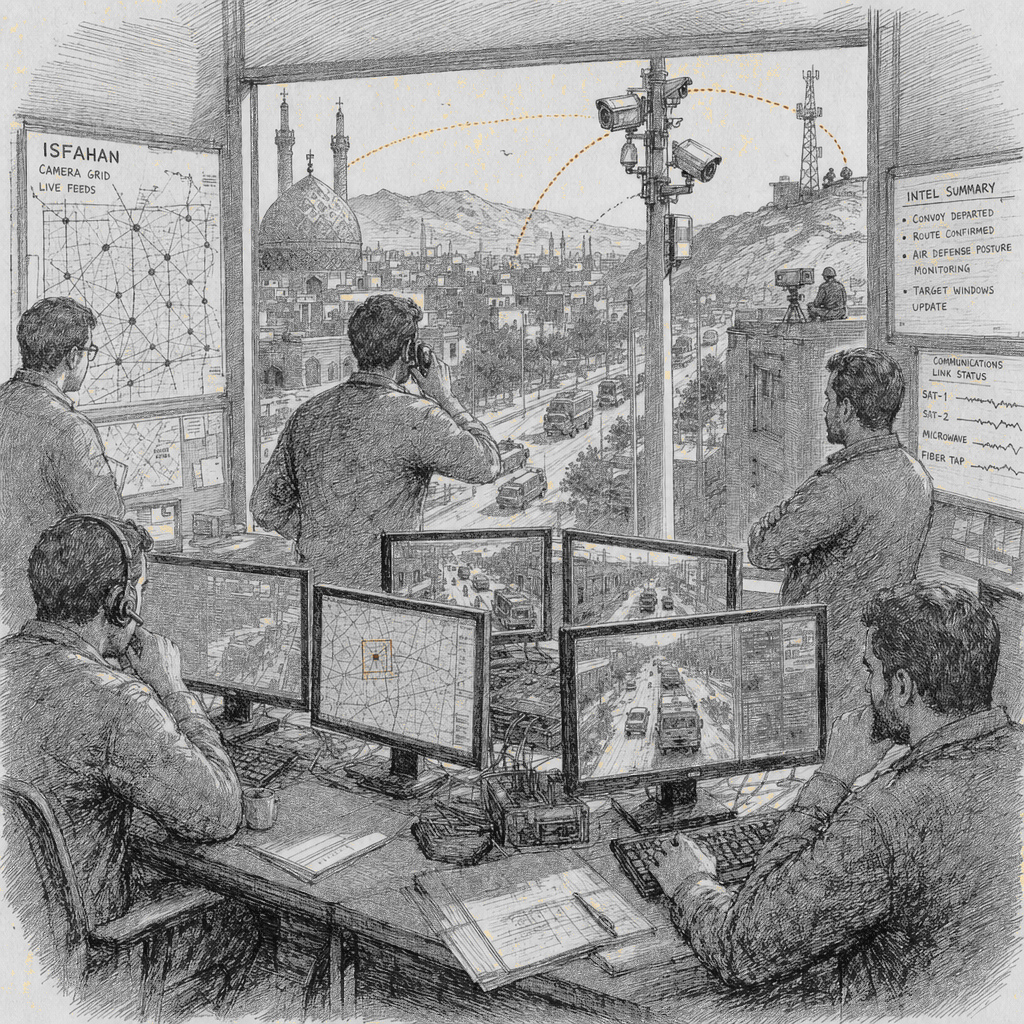 Illustration accompanying article: Israel used hacked Iranian street cameras in killing of Khamenei, AP reports