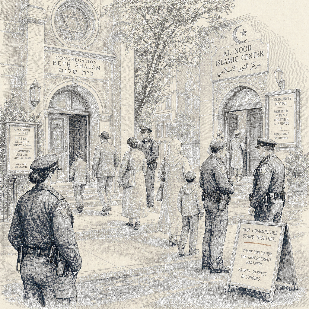 Illustration accompanying article: Law enforcement boosts security for Jewish and Muslim communities nationwide