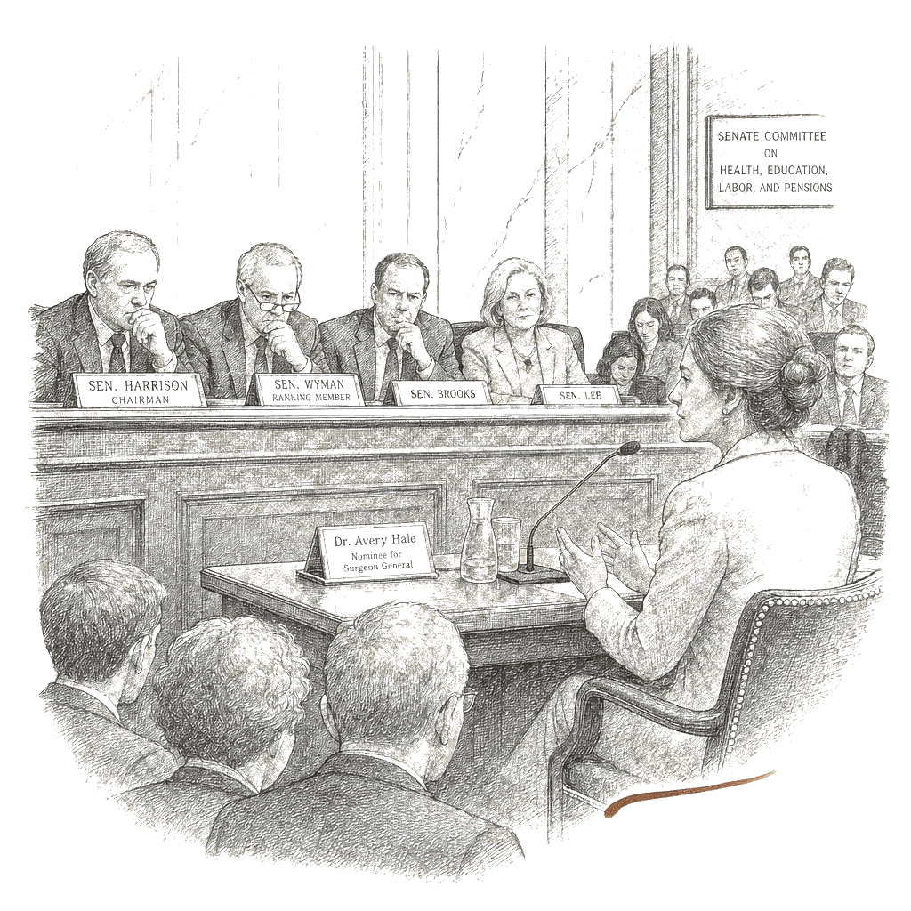 Illustration accompanying article: Casey Means’ surgeon general nomination stalled as senators question her