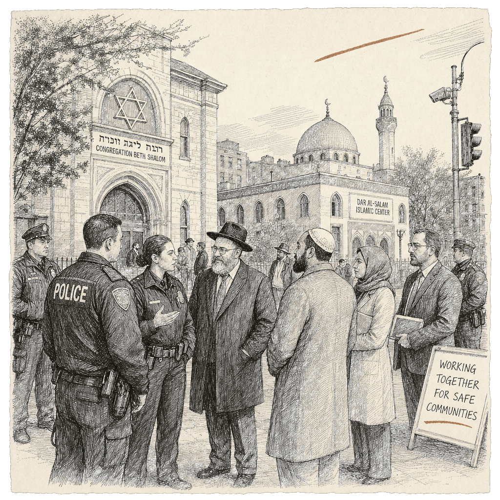 Illustration accompanying article: Law enforcement to monitor threats to Jewish and Muslim communities