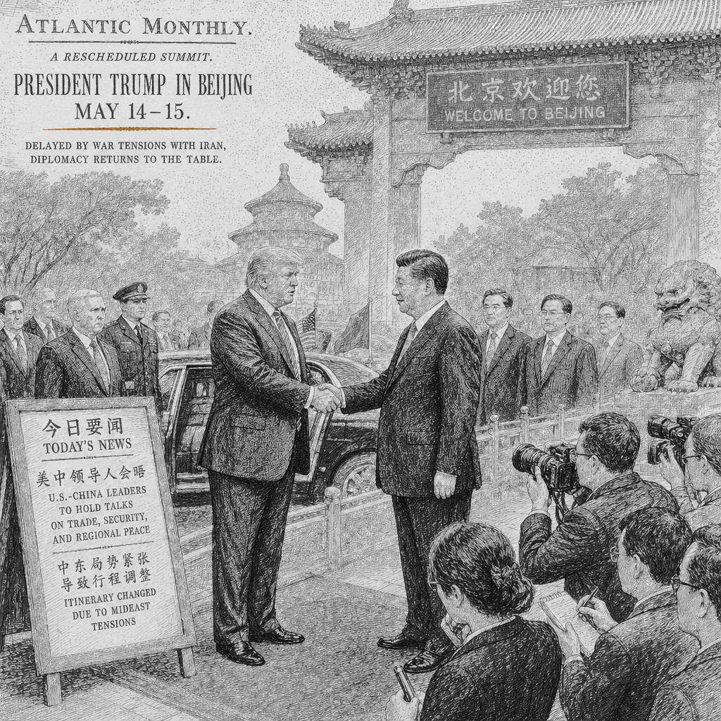 Illustration accompanying article: Trump to visit Beijing May 14-15 after delaying trip for Iran war