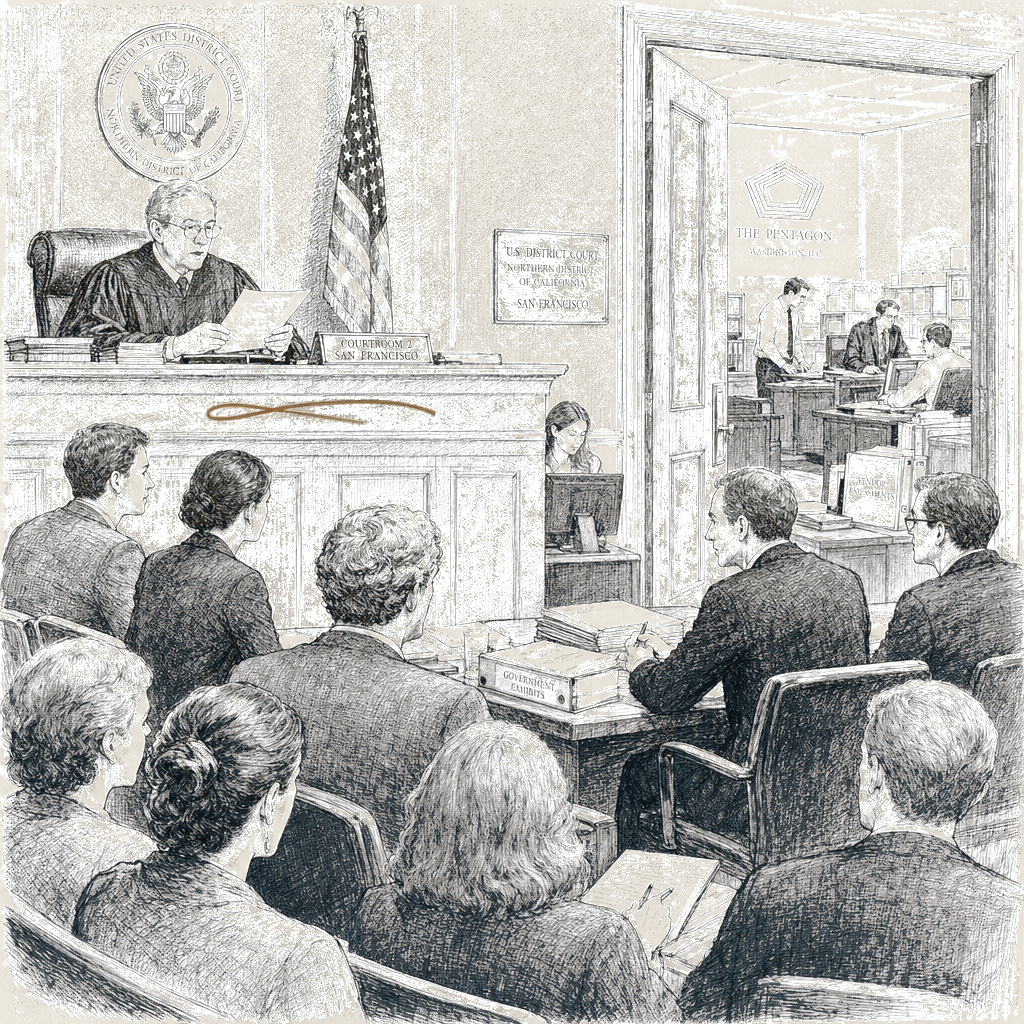Illustration accompanying article: Federal judge blocks Pentagon from labeling Anthropic a supply-chain risk