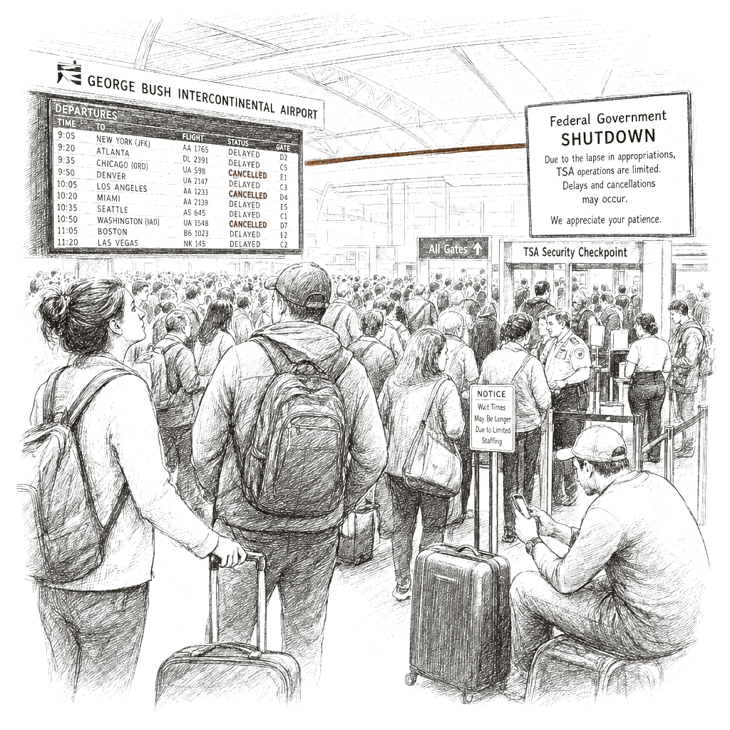Illustration accompanying article: Houston’s Bush Intercontinental Airport hit hard by government shutdown