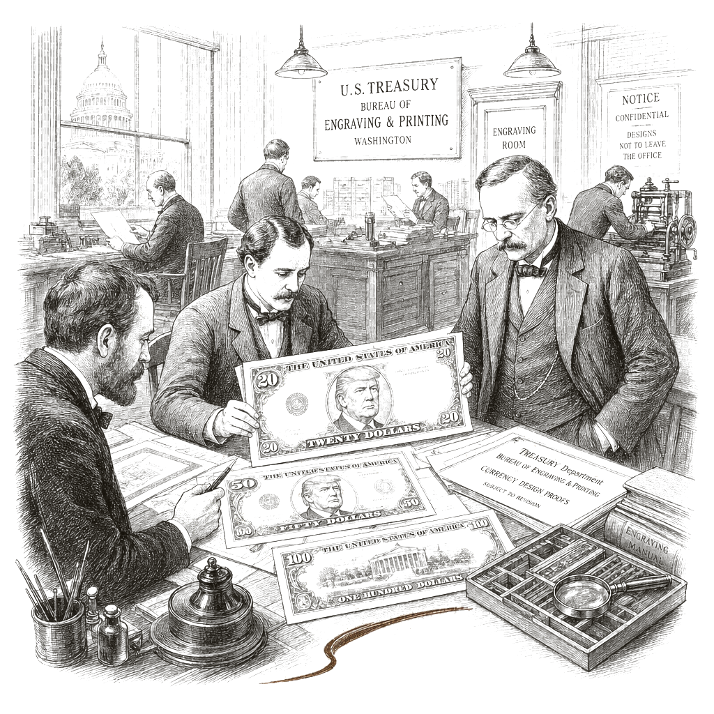Illustration accompanying article: Treasury plans to put Trump’s signature on new U.S. paper currency