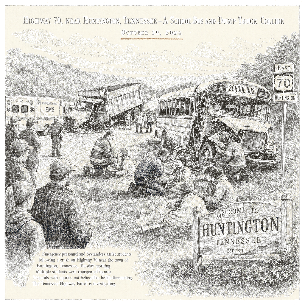 Illustration accompanying article: 2 students die and at least 7 injured in Tennessee school bus crash