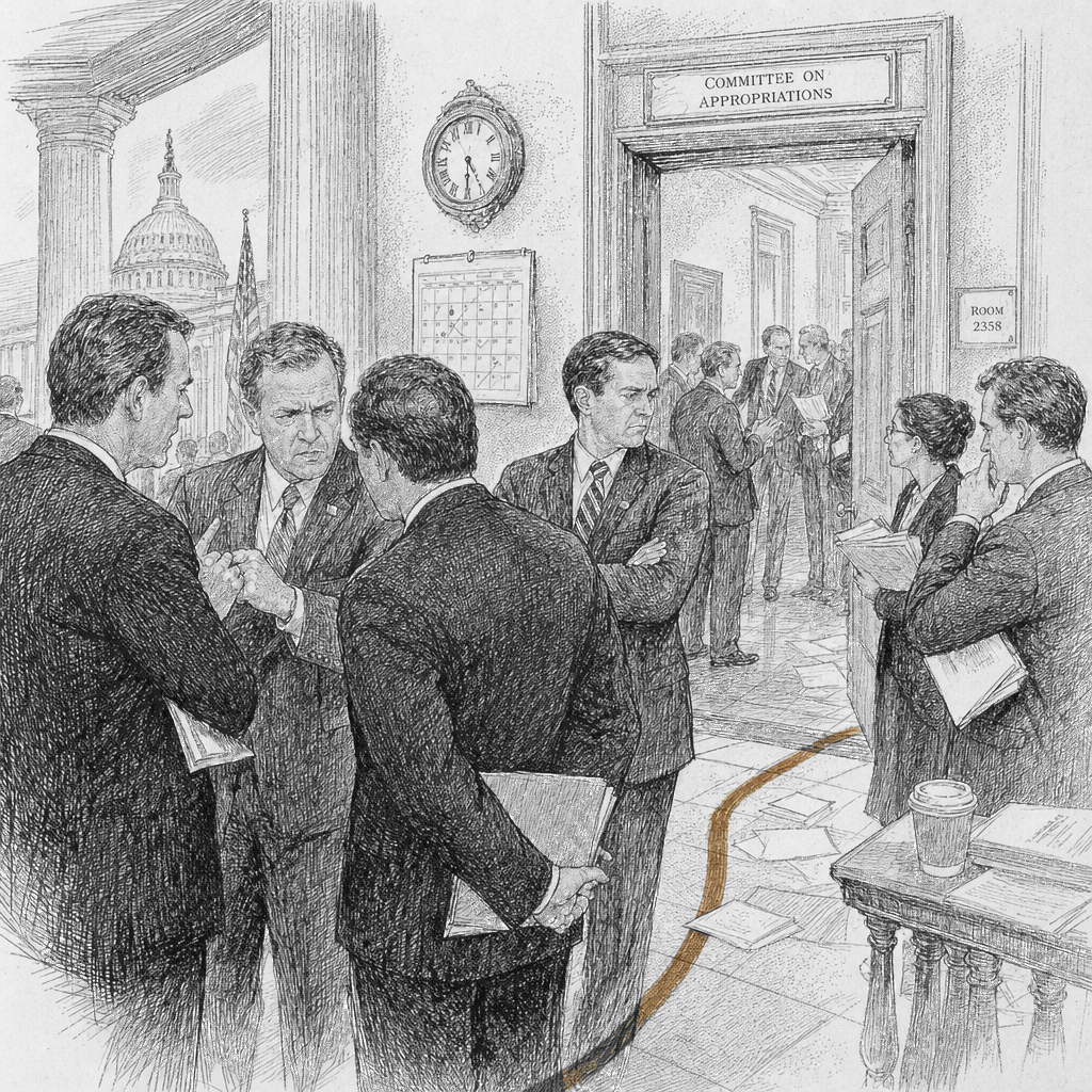Illustration accompanying article: GOP leaders split as Homeland Security funding deal collapses before shutdown break