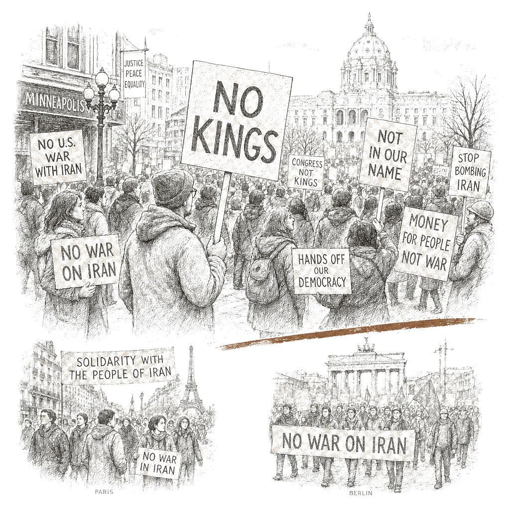 Illustration accompanying article: Minnesota leads wave of ‘No Kings’ anti-Trump protests across U.S., Europe