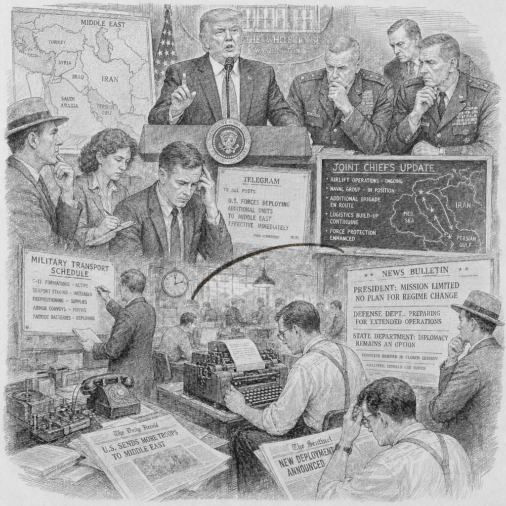 Illustration accompanying article: Trump’s conflicting messages sow confusion over Iran war