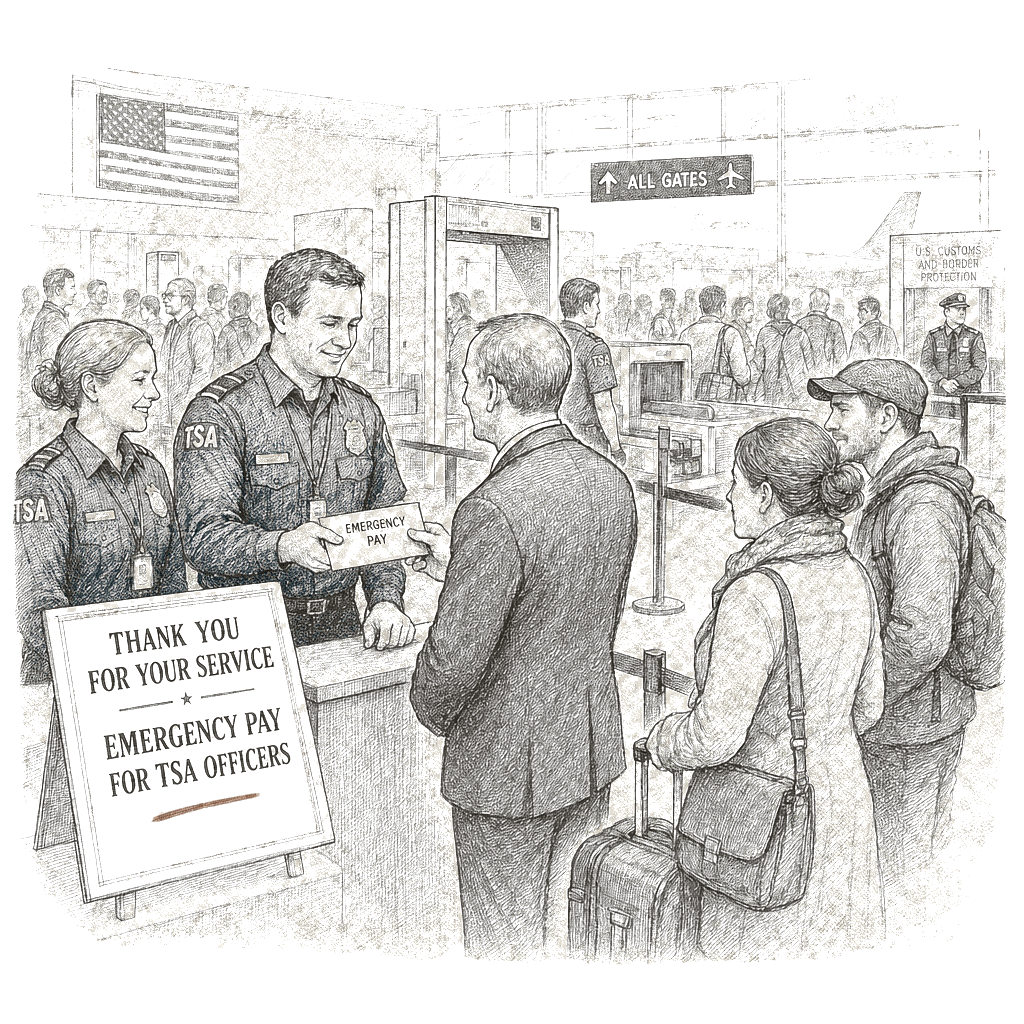 Illustration accompanying article: TSA to get emergency pay, but long lines and ICE presence may persist