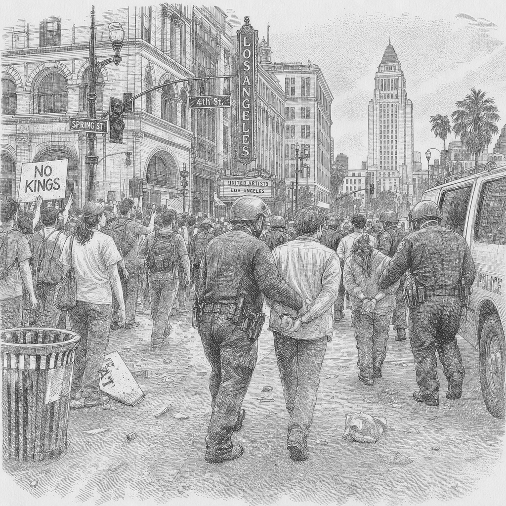 Illustration accompanying article: Dozens arrested after 'No Kings' rally in Los Angeles