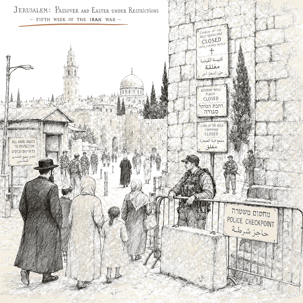 Illustration accompanying article: Subdued Passover and Easter in Jerusalem as Iran war rages