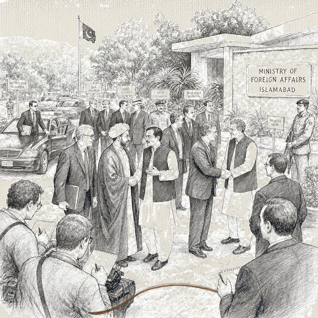 Illustration accompanying article: Pakistan to host US-Iran talks after diplomats discuss ways to end war