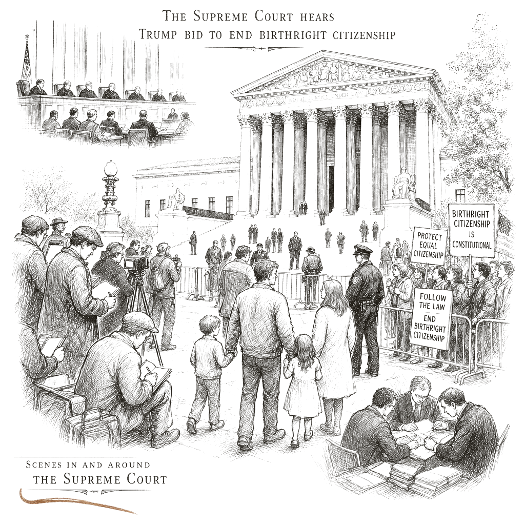Illustration accompanying article: Supreme Court hears Trump bid to end birthright citizenship