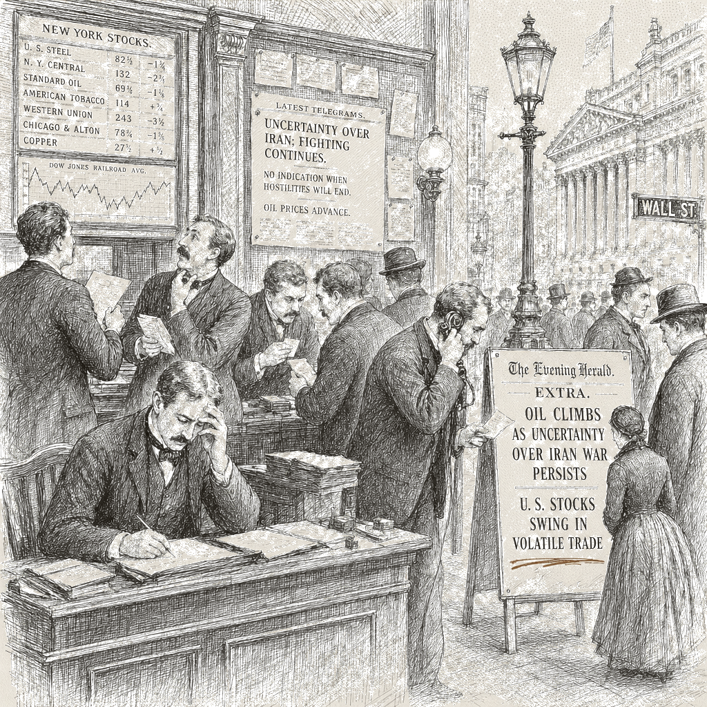 Illustration accompanying article: US stocks swing as oil climbs on uncertainty over when Iran war ends