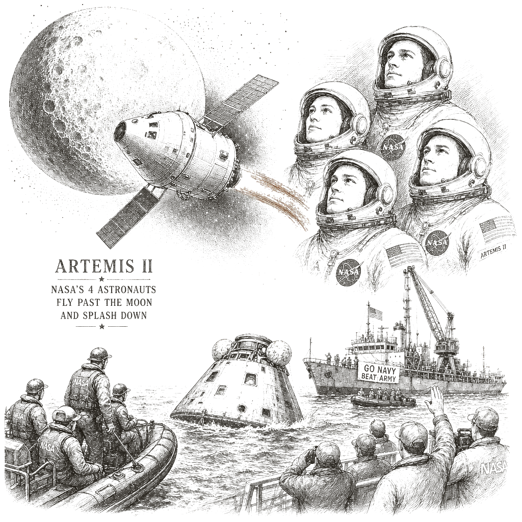 Illustration accompanying article: Artemis II: NASA’s 4 astronauts fly past the moon and splash down