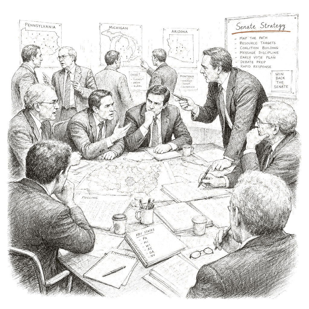 Illustration accompanying article: Democrats clash internally over strategy to win back the Senate