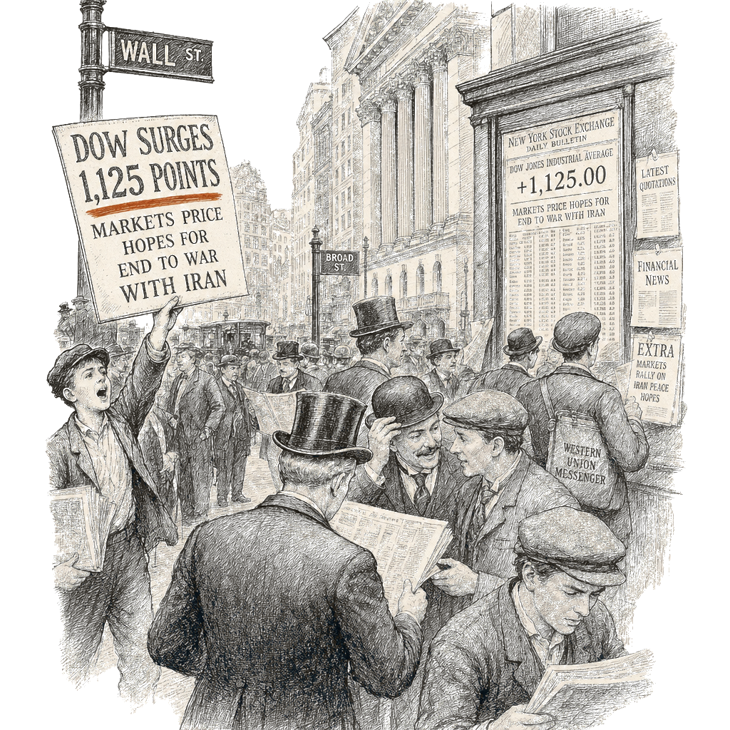 Illustration accompanying article: Dow surges 1,125 points as market prices hopes for Iran war end