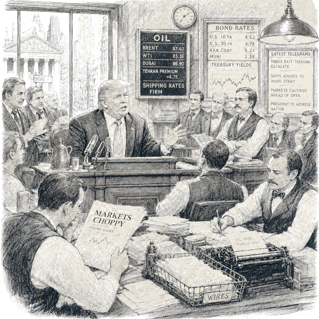 Illustration accompanying article: Trump’s strategy to calm markets during Iran war is falling flat