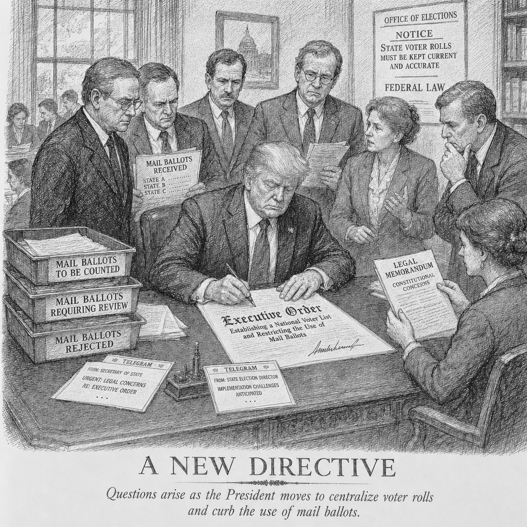 Illustration accompanying article: Trump signs order creating national voter list, restricting mail ballots