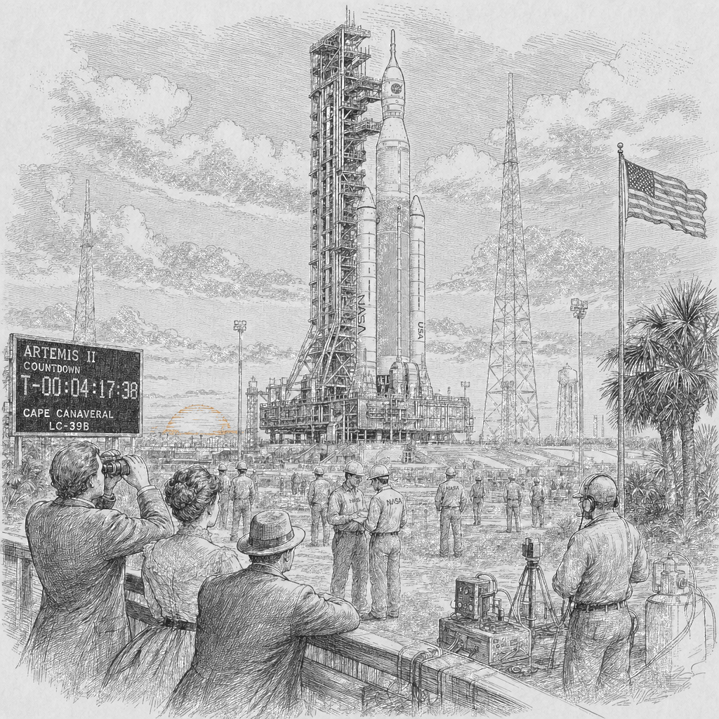 Illustration accompanying article: Weather holds for NASA’s Artemis II countdown at Cape Canaveral