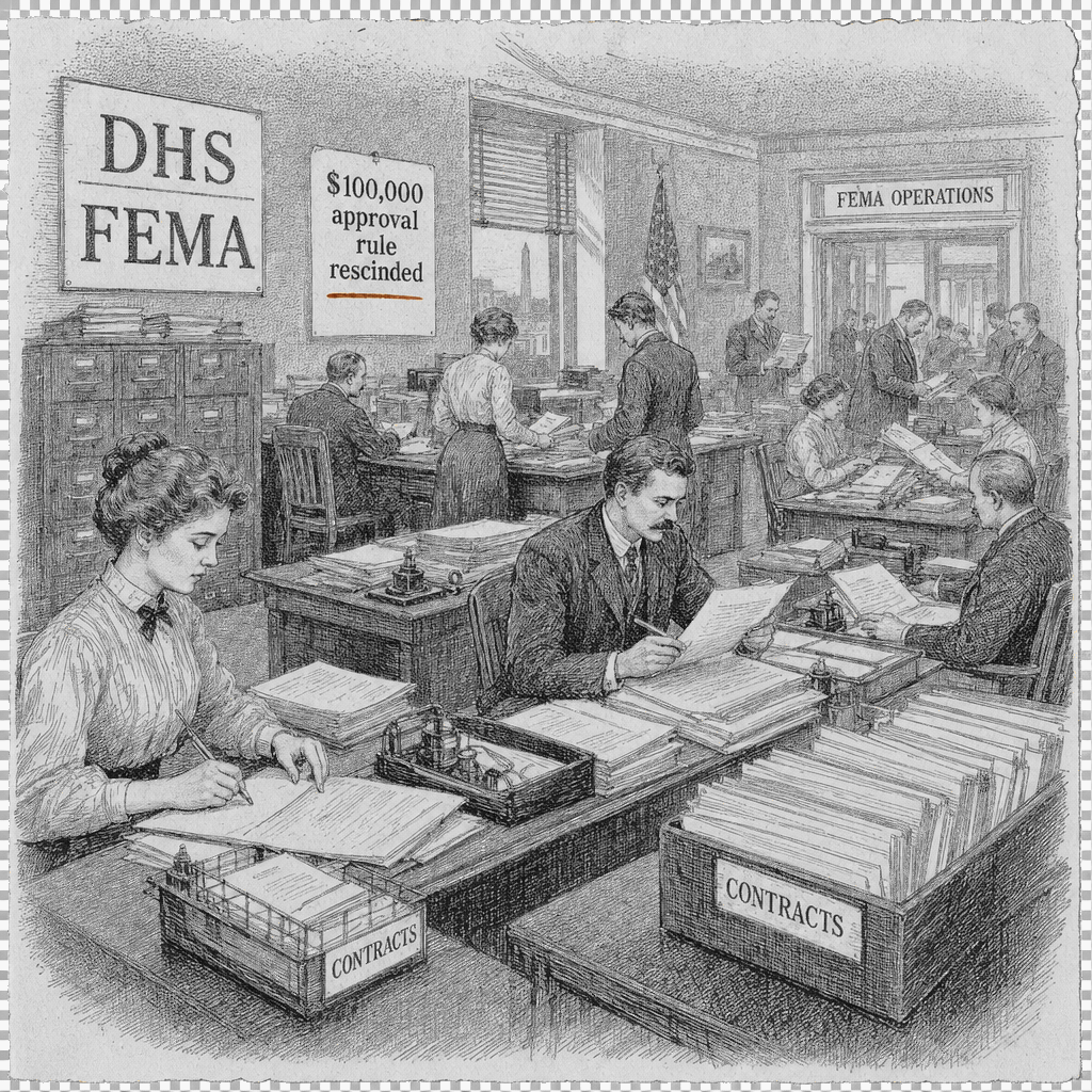 Illustration accompanying article: DHS head rescinds $100,000 approval rule to ease FEMA spending bottleneck