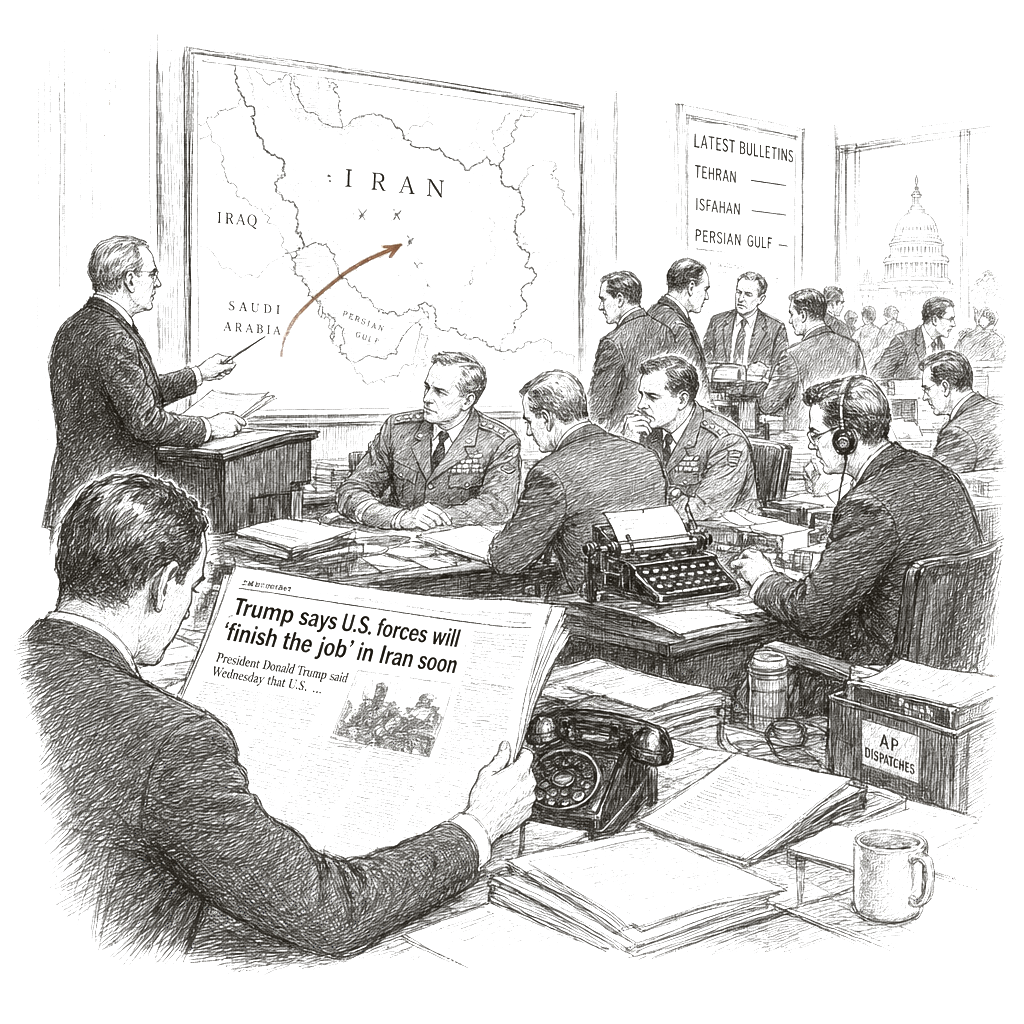 Illustration accompanying article: Trump says U.S. forces will “finish the job” in Iran soon