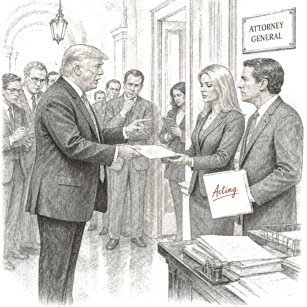 Illustration accompanying article: Trump removes Pam Bondi as attorney general, names Todd Blanche acting