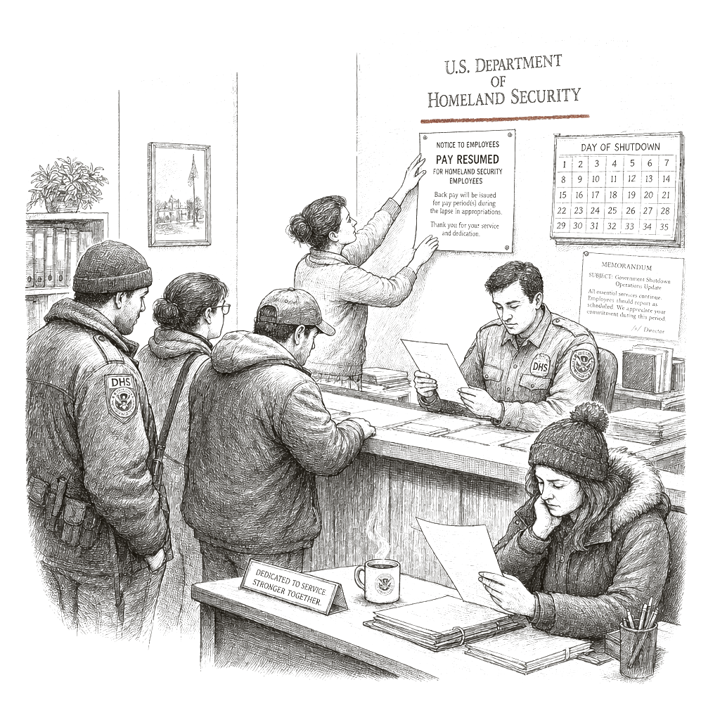 Illustration accompanying article: Trump says he’ll sign order to resume pay for Homeland Security workers