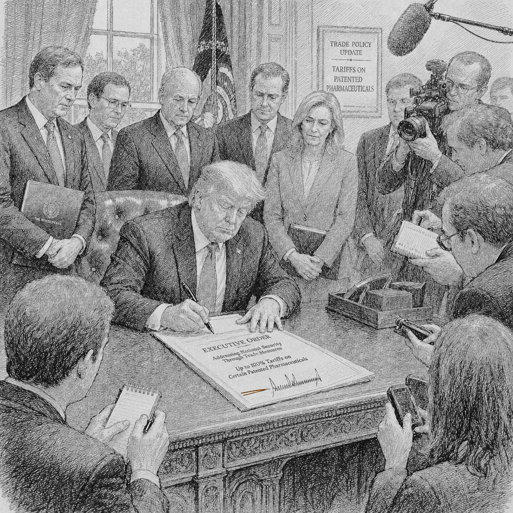 Illustration accompanying article: Trump signs 100% tariff order targeting some patented drugs