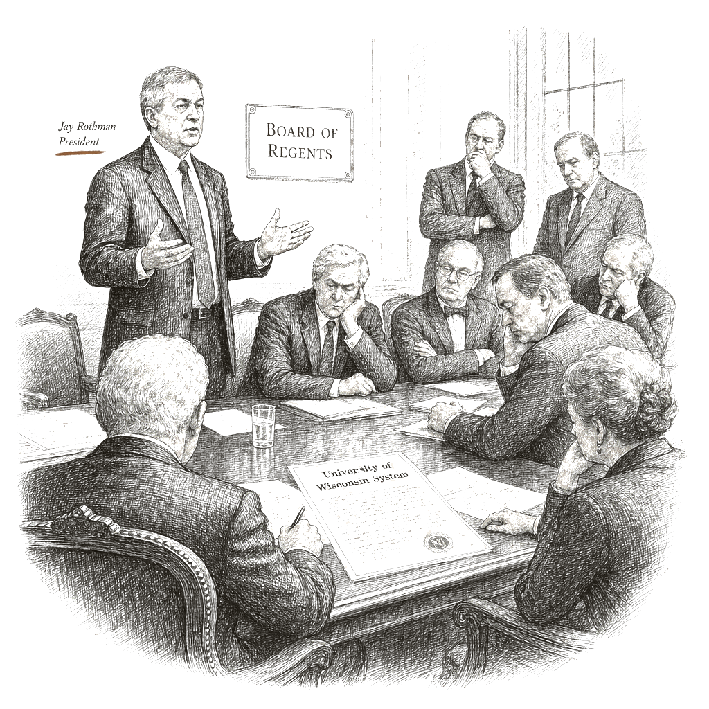 Illustration accompanying article: UW system president Rothman says regents gave no reasons to quit