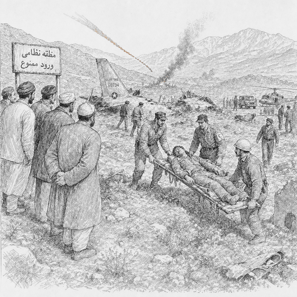 Illustration accompanying article: 2 U.S. aircraft shot down in Iran; 1 crew member rescued