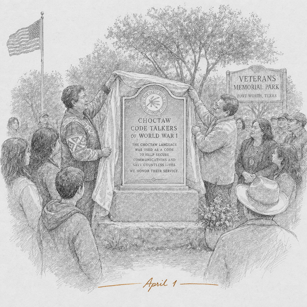Illustration accompanying article: Choctaw code talker descendants unveil marker at Fort Worth veterans park