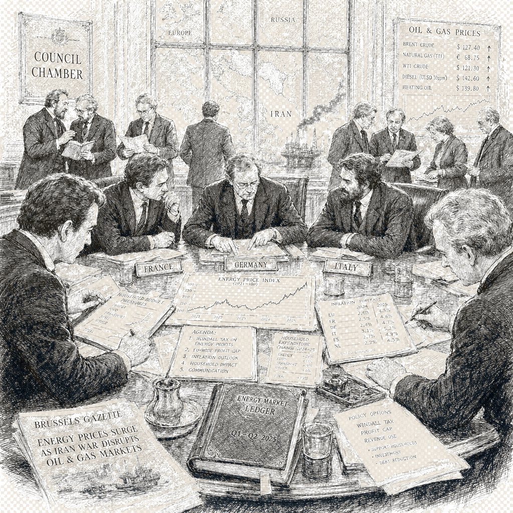 Illustration accompanying article: European ministers seek EU profit caps for energy firms amid Iran war