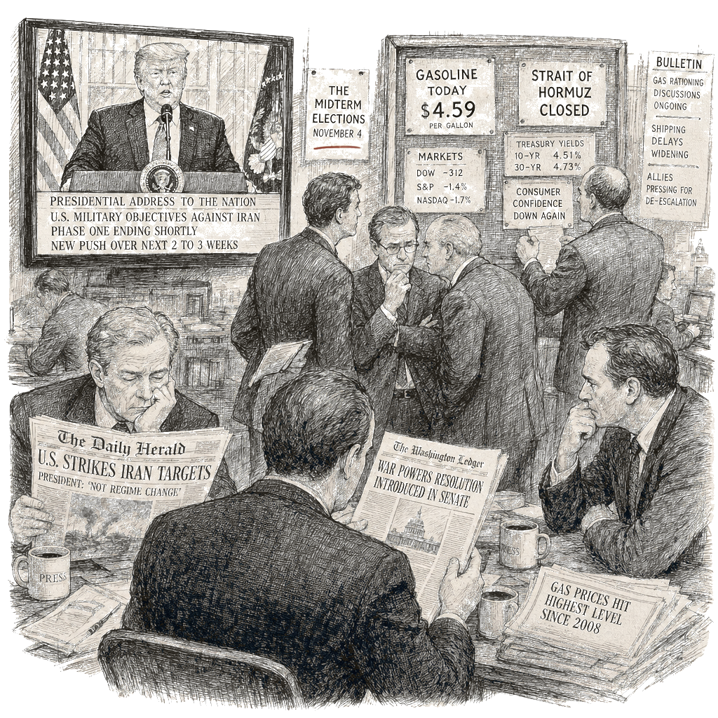 Illustration accompanying article: Midterm elections loom as GOP grapples with Trump's wartime presidency