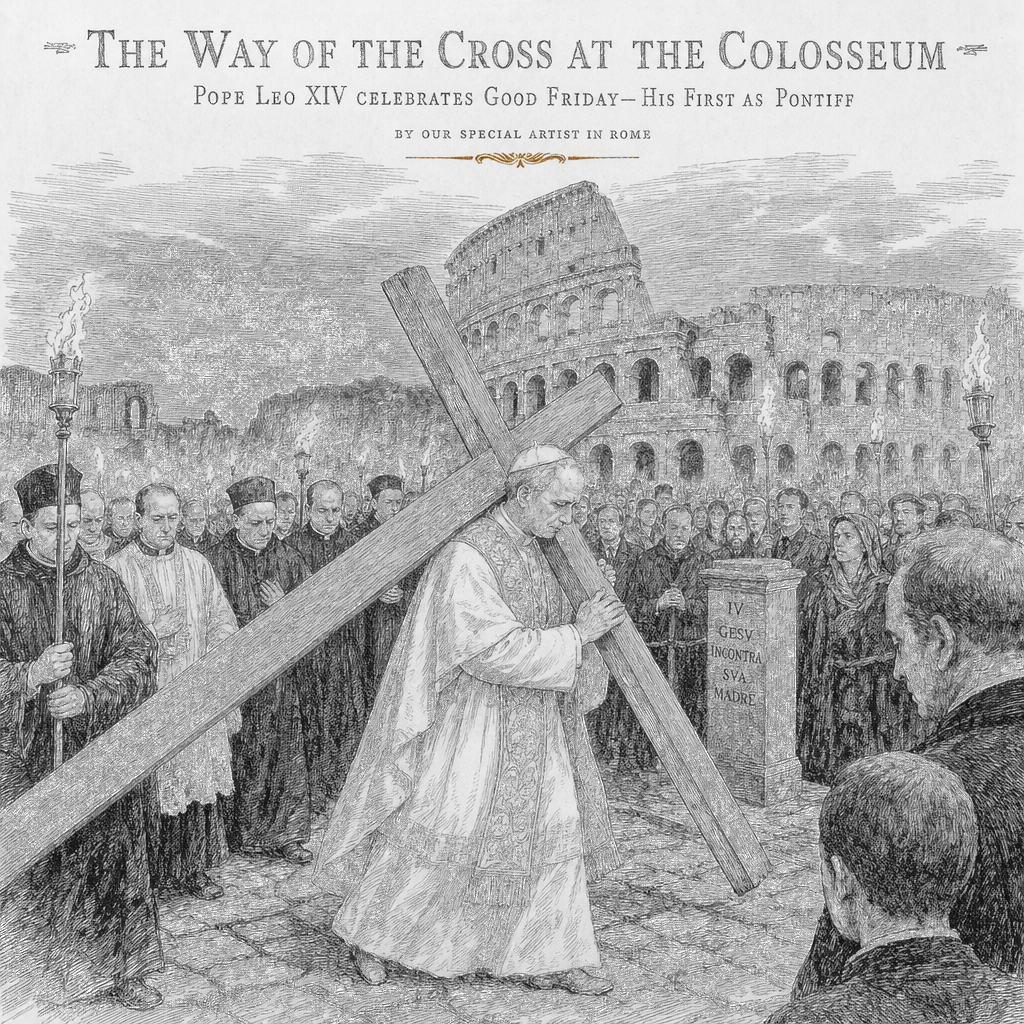 Illustration accompanying article: Pope Leo XIV carries cross for full Way of the Cross at Colosseum