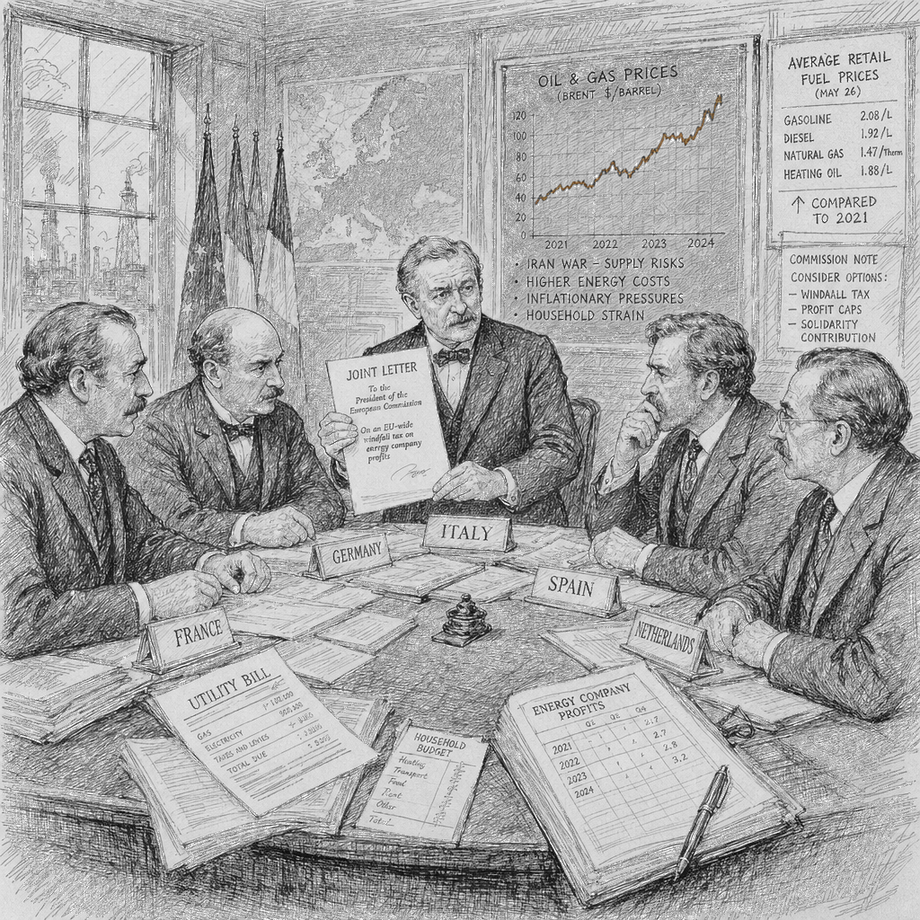 Illustration accompanying article: European ministers urge EU profit caps as Iran war pushes energy inflation
