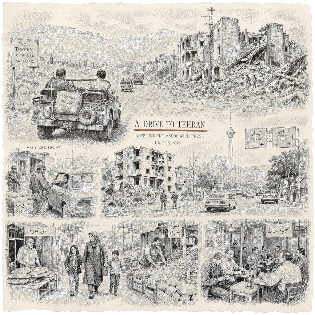 Illustration accompanying article: Drive through wartime Iran shows destruction and daily life in Tehran