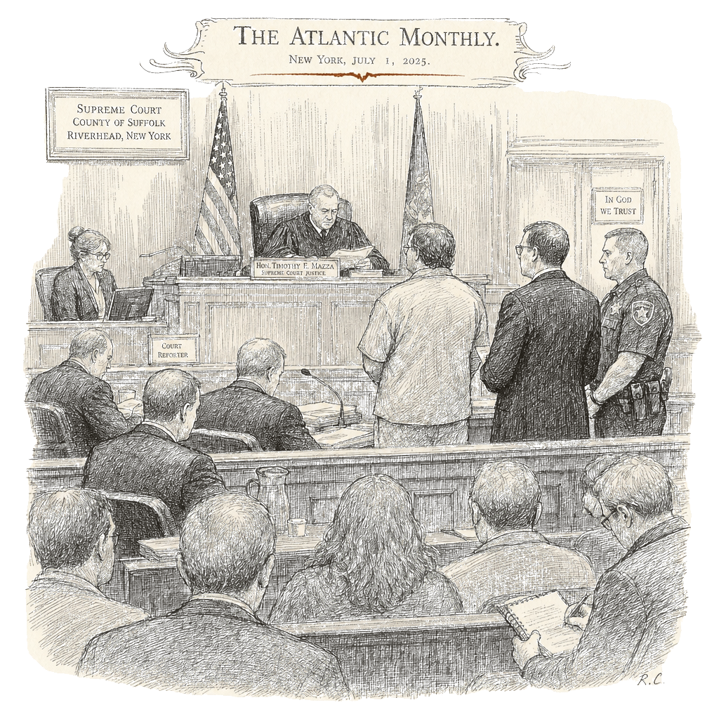 Illustration accompanying article: Gilgo Beach serial killer Rex Heuermann pleads guilty to 7 murders
