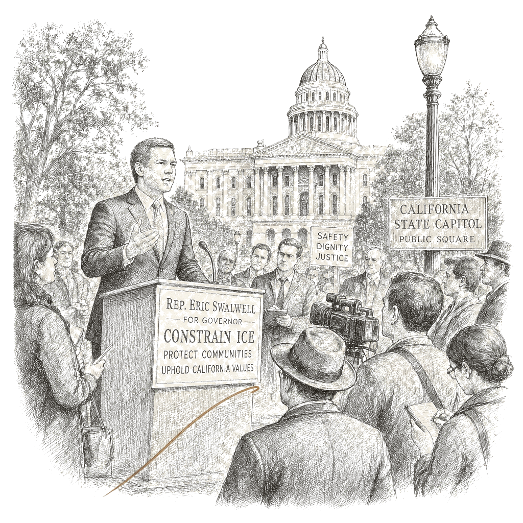Illustration accompanying article: Rep. Eric Swalwell vows to constrain ICE if elected California governor