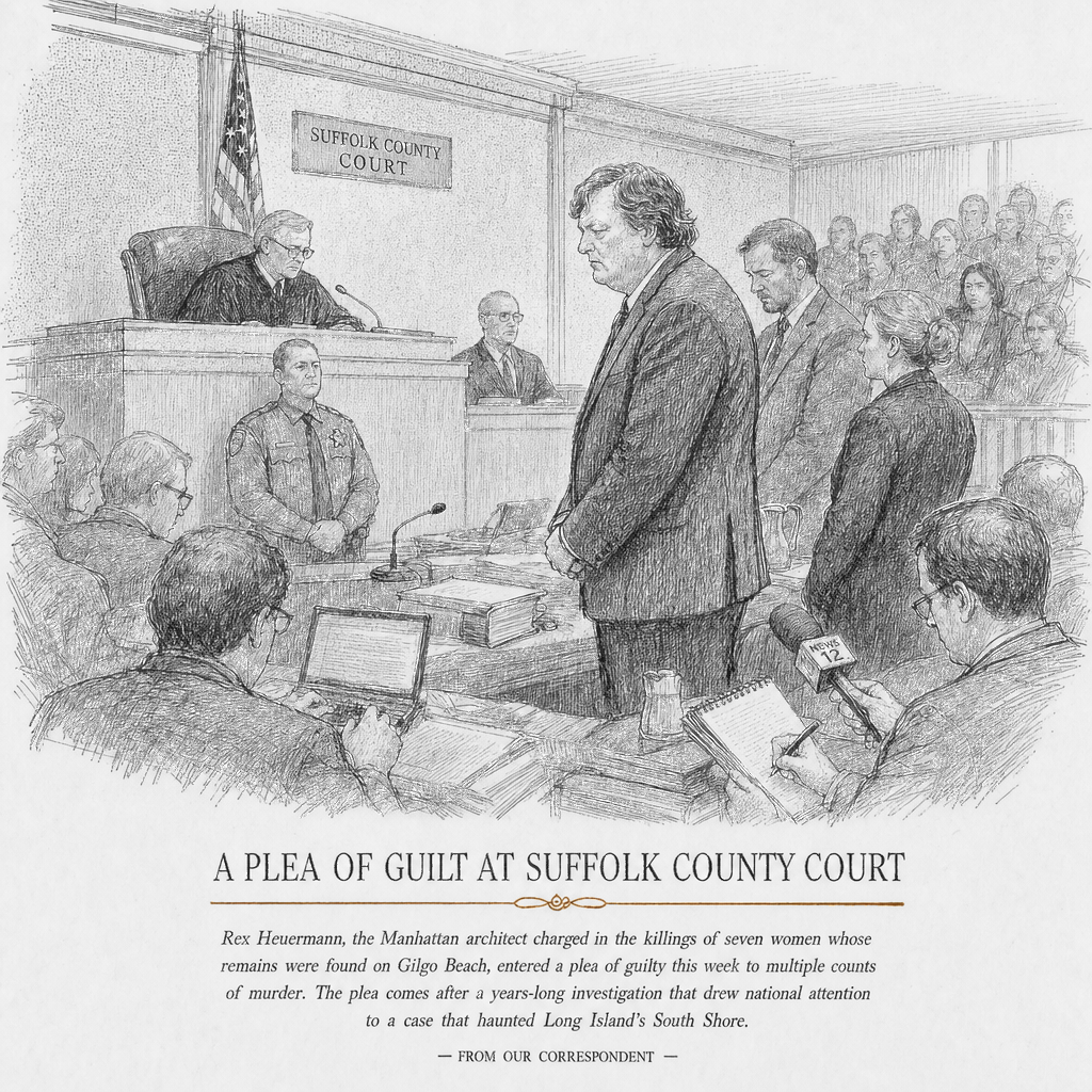 Illustration accompanying article: Rex Heuermann pleads guilty in Gilgo Beach killings, admits all eight