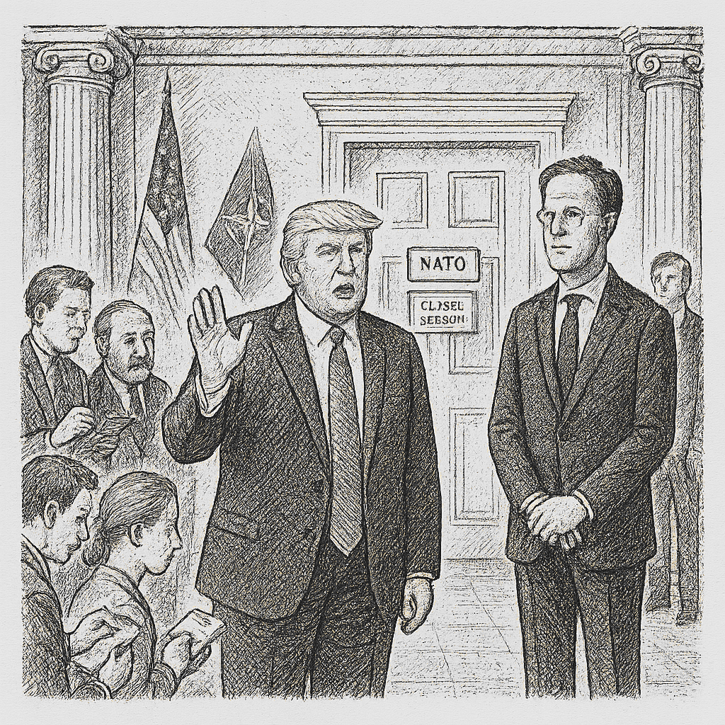 Illustration accompanying article: Trump renews NATO criticism after meeting with Mark Rutte